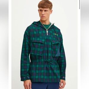 Adidas Men’s Heavy Cotton Hooded  Windbreaker NWT Ret $120 Navy and Green  Plaid